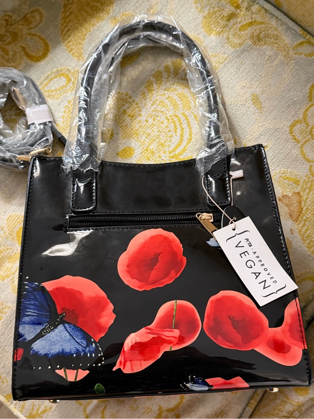 Vegan Black Patent Crossbody Bag with Red Floral & Blue Butterfly Accent